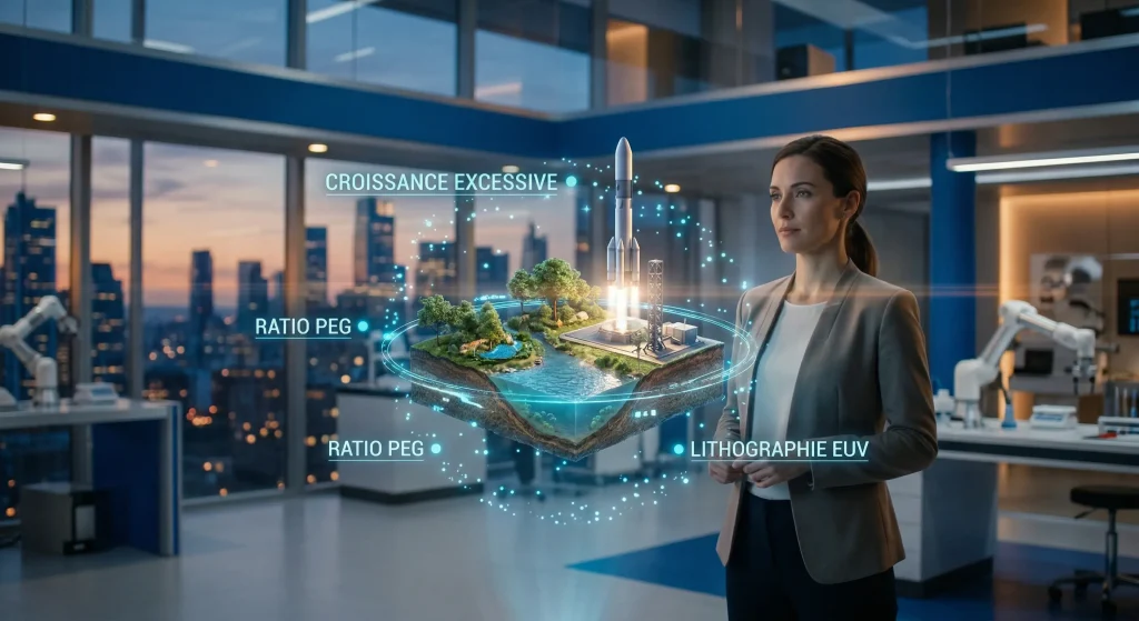 Actions Value ou Growth : Le Guide Complet pour Investir 3 Investissement actions growth : analyse d'une entreprise technologique avec hologramme de fusée, ratio PEG et indicateur lithographie EUV.