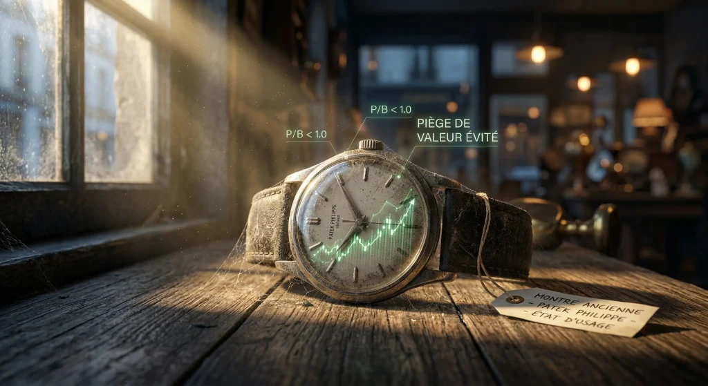 Actions Value ou Growth : Le Guide Complet pour Investir 2 Investissement actions value : montre ancienne Patek Philippe symbolisant la marge de sécurité et une décote boursière avec ratio P/B inférieur à 1.