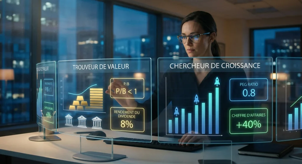 Actions Value ou Growth : Le Guide Complet pour Investir 4 Analyse quantitative en bourse : comparatif des ratios financiers dividendes, P/B et PEG pour sélectionner des actions de valeur ou de croissance.