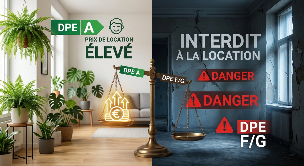 Comment Calculer la Rentabilité d’un Investissement Locatif ? 4 Impact du DPE sur la rentabilité locative : comparaison entre logement éco-performant (A) et passoire thermique (F/G) interdite à la location.