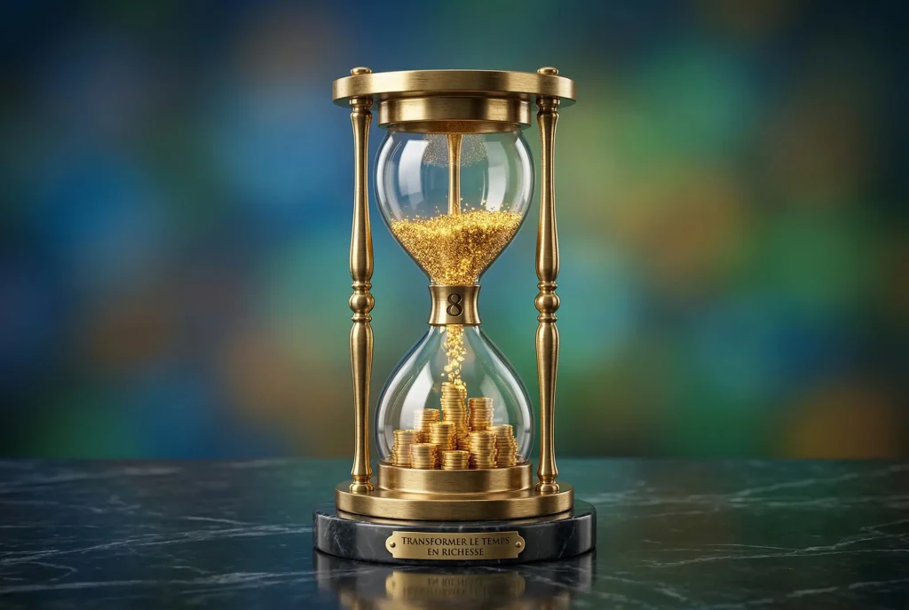 Guide Abattement Assurance-Vie 2026 : Optimisez votre Fiscalité ! 2 Sablier doré symbolisant le pivot des 8 ans pour débloquer l'abattement fiscal annuel en assurance-vie.