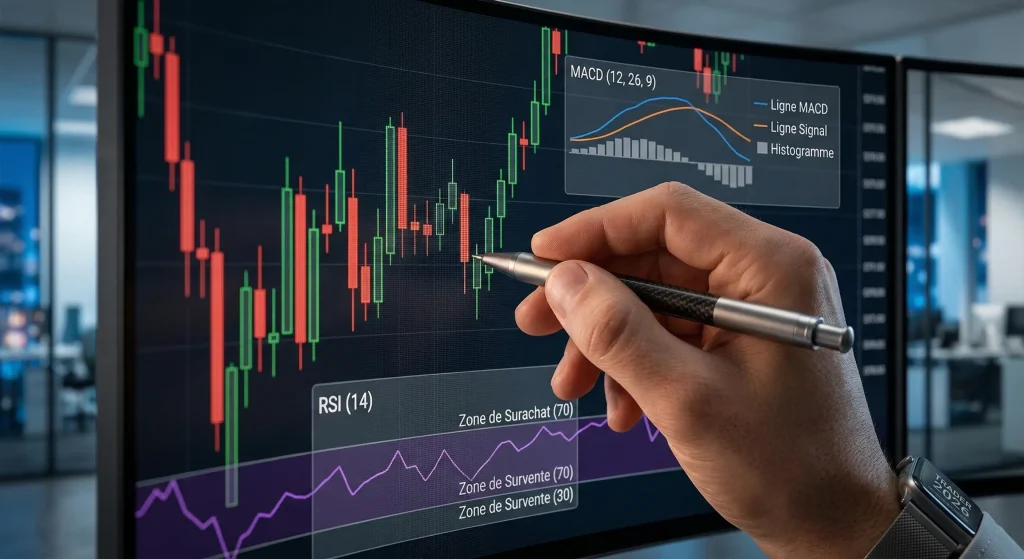 Analyse technique sur écran incurvé avec indicateurs MACD et zones de surachat/survente RSI.