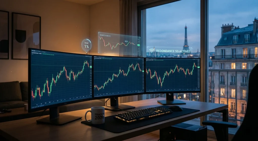 Station de trading professionnelle 2026 avec triple écran, règle du risque 1% et connexion 5G.