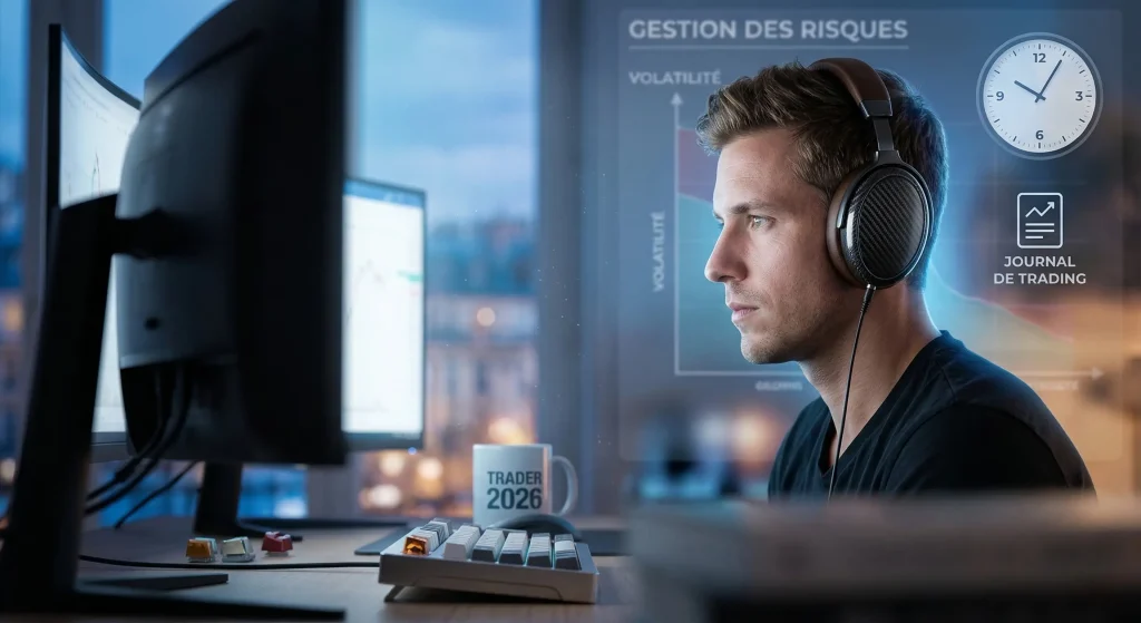 Trader professionnel en pleine séance utilisant un journal de trading et des outils de gestion des risques.
