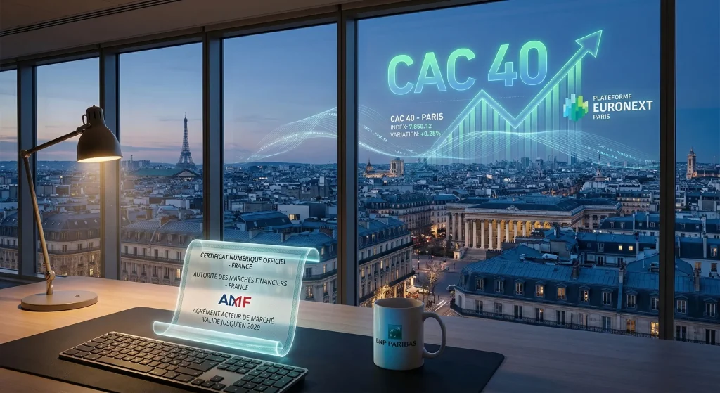 Bureau de trading à Paris avec graphique CAC 40 Euronext et certificat de régulation AMF.