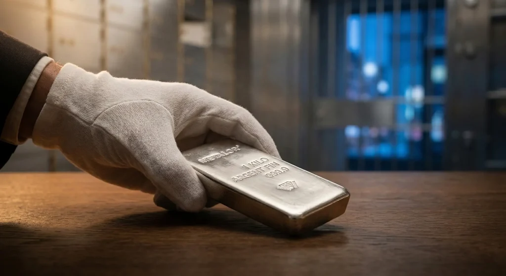 Investir dans l'Argent en 2026 : Fiscalité, Stratégies et Guide Complet 4 Investissement physique : main gantée manipulant un lingot d'argent pur de 1 kg dans un coffre-fort.