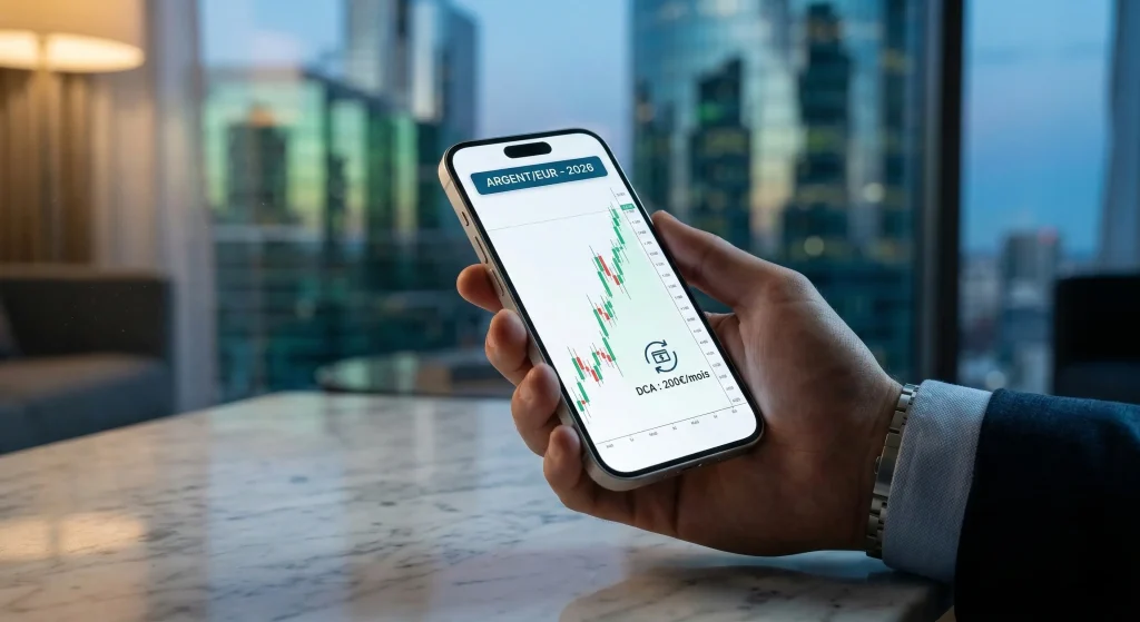 Investir dans l'Argent en 2026 : Fiscalité, Stratégies et Guide Complet 5 Application de trading affichant le cours de l'argent en direct et une stratégie de DCA mensuel.