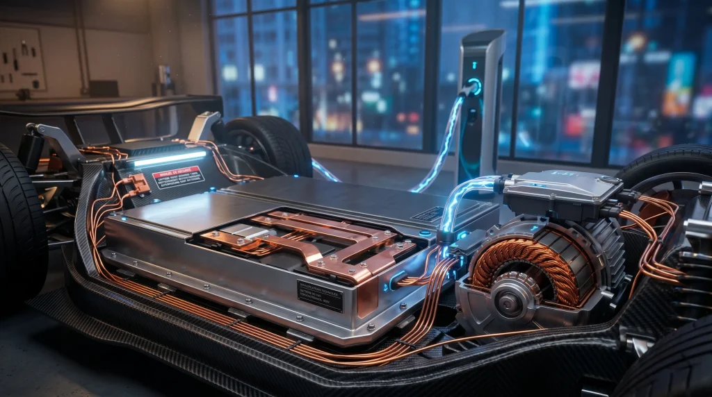 Investir dans le Cuivre en 2026 : Guide Complet sur lโOr Rouge 4 ue รฉclatรฉe d'un chรขssis de voiture รฉlectrique montrant les bobinages en cuivre du moteur et les connexions de la batterie.