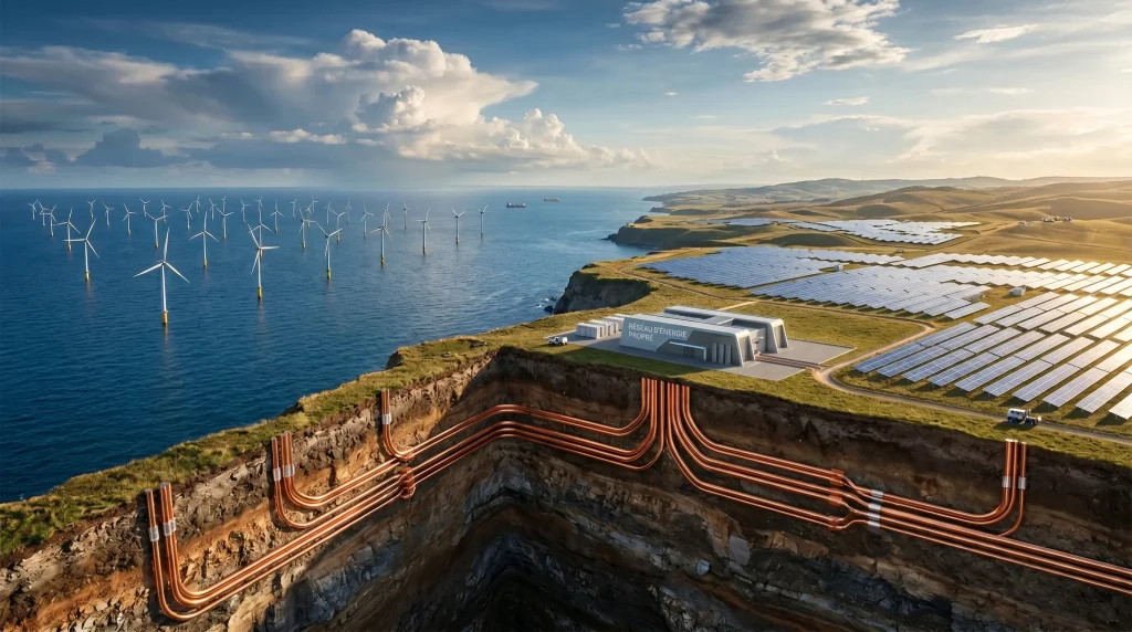 Investir dans le Cuivre en 2026 : Guide Complet sur lโOr Rouge 6 Vue panoramique d'un parc รฉolien en mer et d'une ferme solaire reliรฉs par un rรฉseau souterrain de cรขbles en cuivre massif.