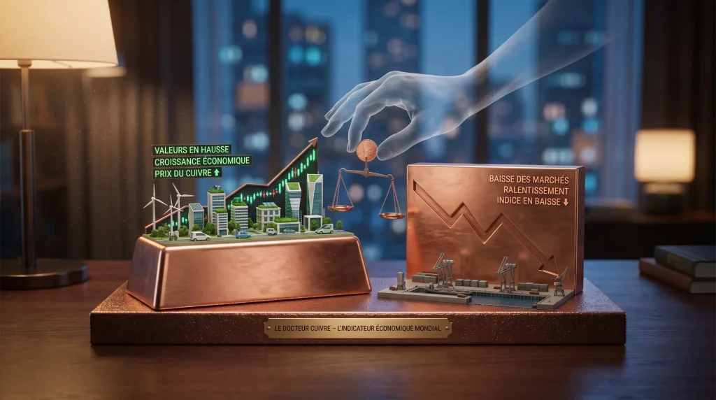 Investir dans le Cuivre en 2026 : Guide Complet sur lโOr Rouge 1 Allรฉgorie du "Docteur Cuivre" avec une balance pesant la croissance รฉconomique et le ralentissement industriel sur un lingot de cuivre.