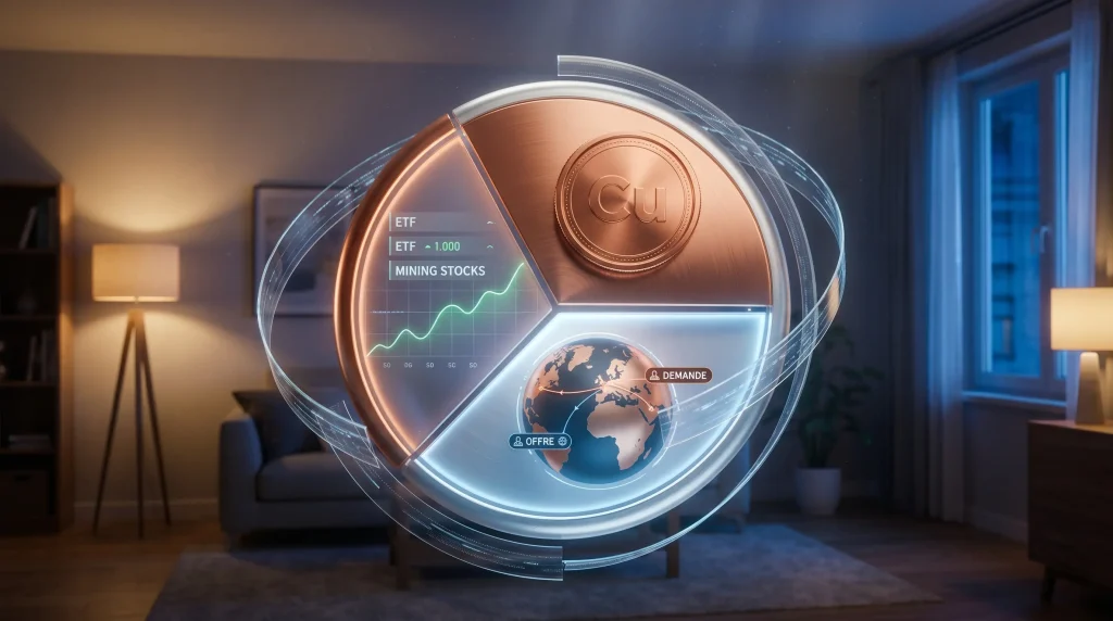 Investir dans le Cuivre en 2026 : Guide Complet sur lโOr Rouge 5 Interface graphique montrant la diversification d'un portefeuille financier entre ETF, actions miniรจres et cuivre physique avec un globe terrestre.