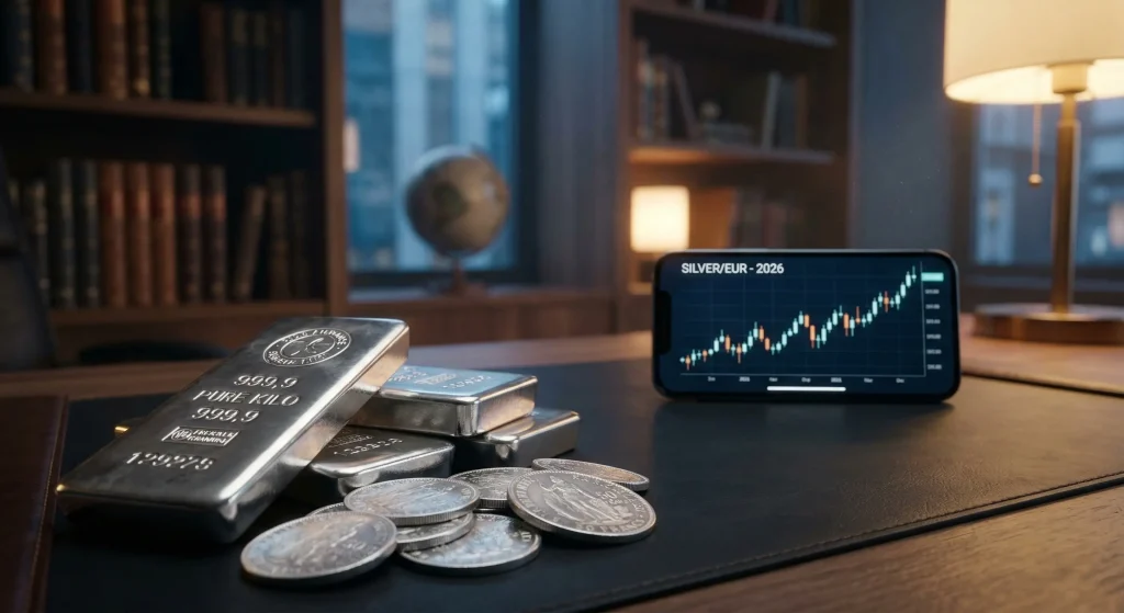 Investir dans l'Argent en 2026 : Fiscalité, Stratégies et Guide Complet 1 Guide pour investir dans l'argent : lingots, pièces Hercule et graphique du cours de l'argent 2026.