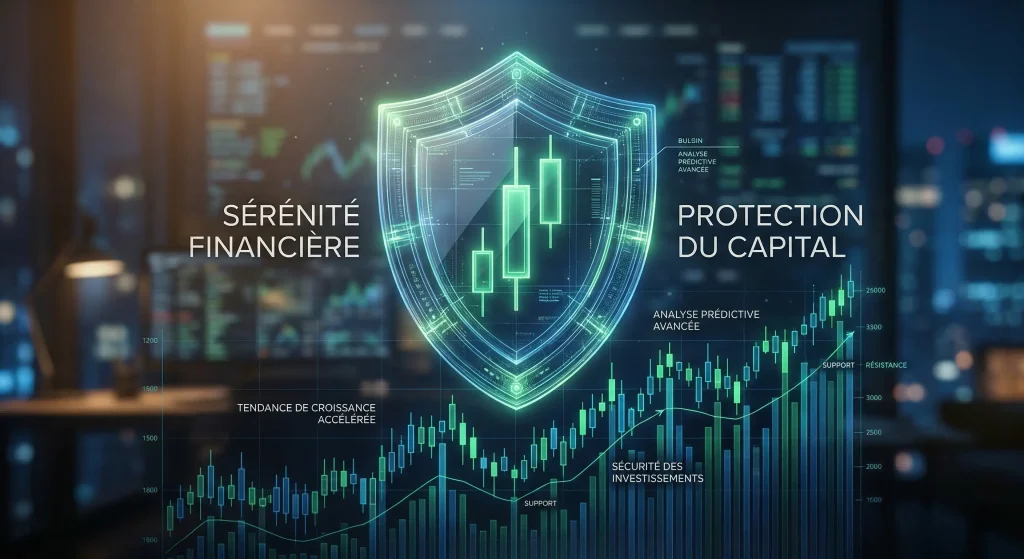 Le Break Even en Trading : Comment (vraiment) sรฉcuriser vos gains 1 Concept de protection du capital et sรฉrรฉnitรฉ financiรจre avec un bouclier numรฉrique sur un graphique de break even en trading.