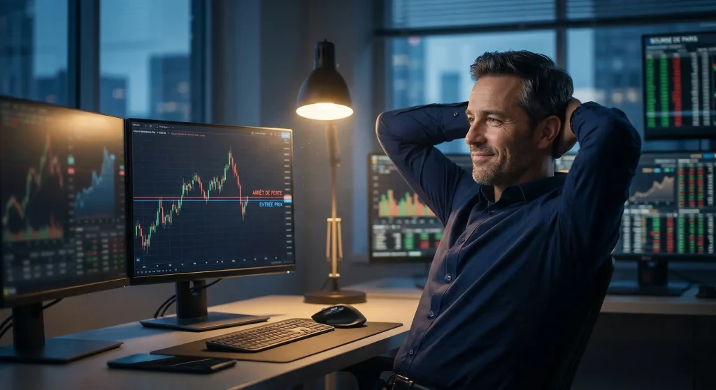 Le Break Even en Trading : Comment (vraiment) sรฉcuriser vos gains 2 Trader professionnel serein devant ses รฉcrans aprรจs avoir sรฉcurisรฉ son capital au seuil de rentabilitรฉ (break even).