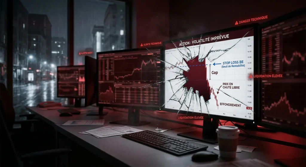 Le Break Even en Trading : Comment (vraiment) sรฉcuriser vos gains 6 Illustration des risques de slippage et de gap de marchรฉ brisant la sรฉcuritรฉ d'un stop loss au break even lors d'une forte volatilitรฉ.