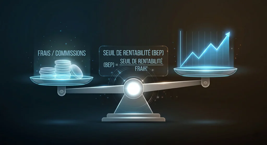 Le Break Even en Trading : Comment (vraiment) sรฉcuriser vos gains 3 Schรฉma mathรฉmatique montrant l'รฉquilibre entre les frais de courtage et les profits pour calculer le Break Even Point (BEP) rรฉel.