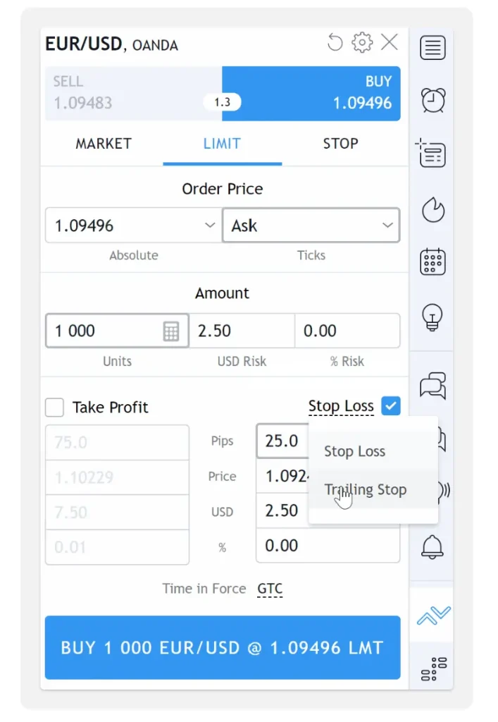 Le Break Even en Trading : Comment (vraiment) sรฉcuriser vos gains 5 Interface TradingView montrant la configuration d'un Trailing Stop et d'un Stop Loss sur la paire Forex EUR/USD.