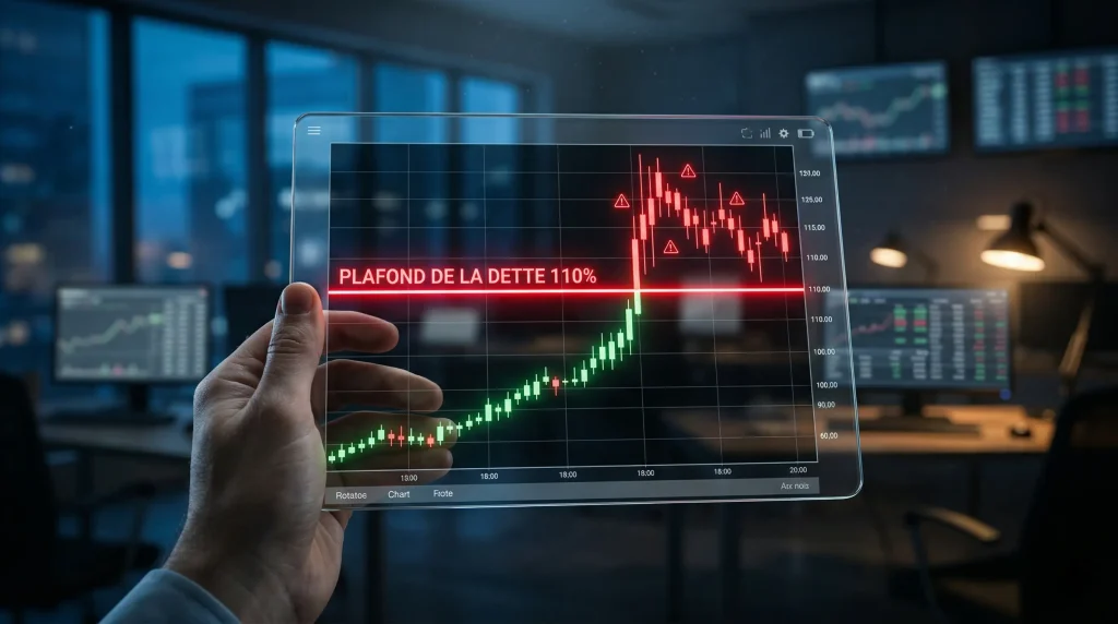 Politique d’austérité : Quel impact sur vos investissements et votre épargne ? 2 Tablette transparente affichant un graphique boursier où la dette publique dépasse le seuil critique de 110 %, illustrant le risque pour les investisseurs dans un contexte de politique d'austérité