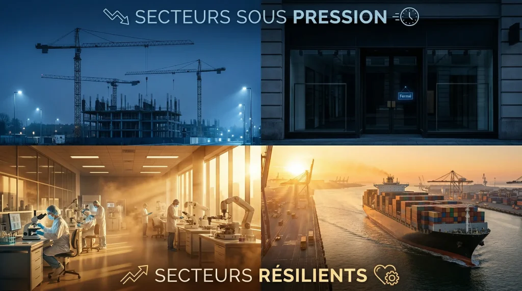 Politique d’austérité : Quel impact sur vos investissements et votre épargne ? 4 Comparaison sectorielle pour l'investissement : écran partagé montrant BTP et commerces fermés (sous pression) face à santé et export (résilients) en période de restriction budgétaire.
