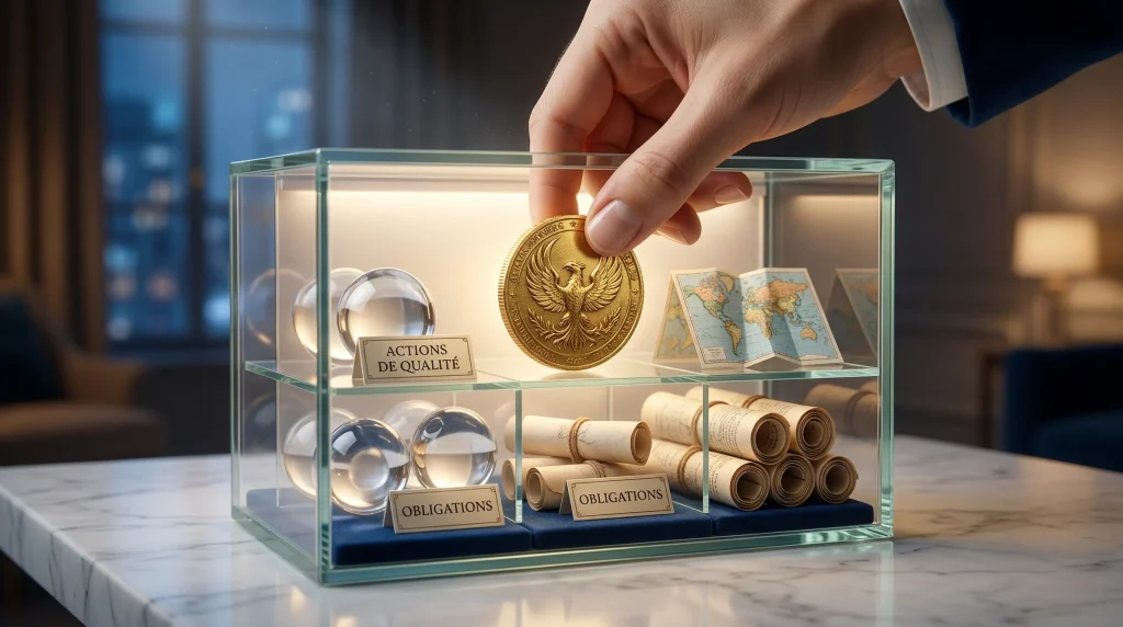 Politique d’austérité : Quel impact sur vos investissements et votre épargne ? 5 Placement stratégique : une main de professionnel insère une pièce d'or au phénix dans un coffret de diversification contenant des actions de qualité et des obligations pour naviguer après l'austérité.