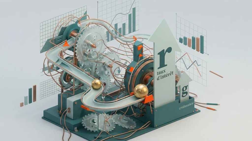 Politique d’austérité : Quel impact sur vos investissements et votre épargne ? 3 Représentation visuelle de la dynamique de la dette : une machine à billes complexe reliant les taux d'intérêt (r) et la croissance (g) pour illustrer l'effet boule de neige en économie de rigueur.