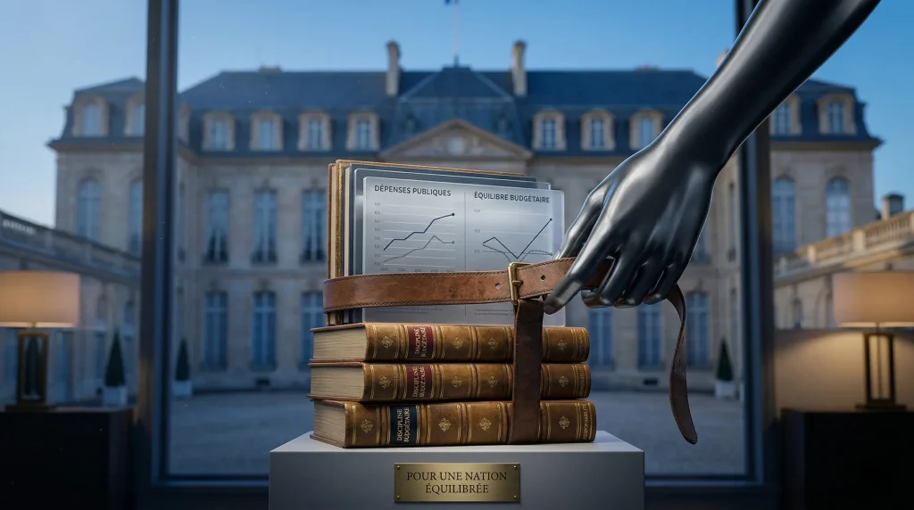 Politique d’austérité : Quel impact sur vos investissements et votre épargne ? 1 Serrage de ceinture budgétaire : une main mécanique resserre une ceinture sur des livres et un graphique de dépenses publiques, symbolisant la politique d'austérité et la discipline fiscale pour équilibrer la nation.