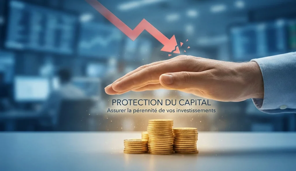 Illustration de la protection du capital contre le maximum drawdown avec une main protégeant des pièces d'or d'une chute boursière