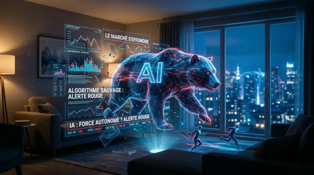 Bear Market 2026 : Le Guide Ultime pour ne pas tout perdre (et s'enrichir pendant la baisse) 2 Ours holographique géant avec logo IA traversant un salon moderne, affichant des graphiques boursiers en chute libre.