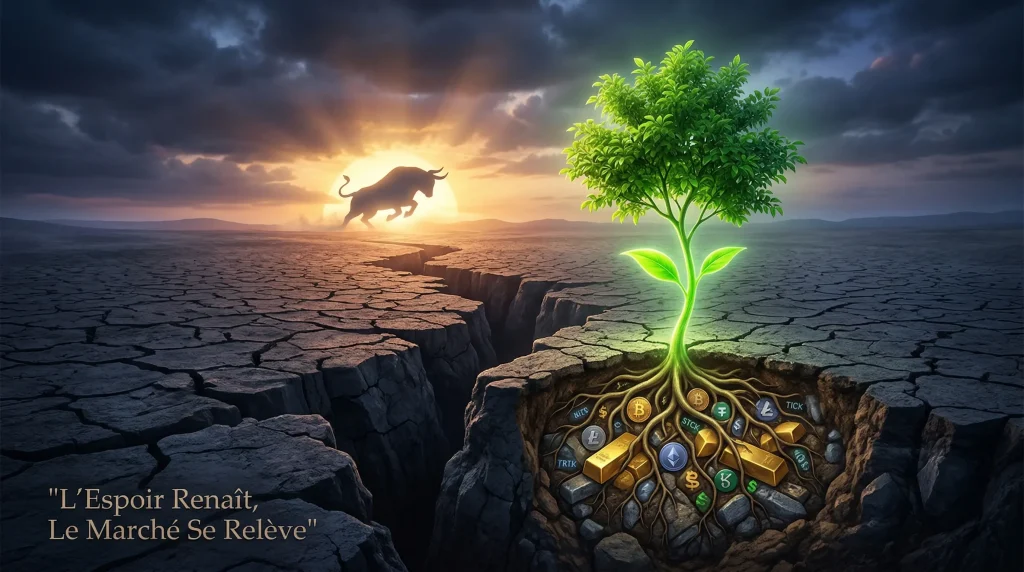 Bear Market 2026 : Le Guide Ultime pour ne pas tout perdre (et s'enrichir pendant la baisse) 5 Un arbre vert poussant d'une terre craquelée, avec du Bitcoin et de l'or dans les racines, silhouette d'un taureau au lever du soleil.