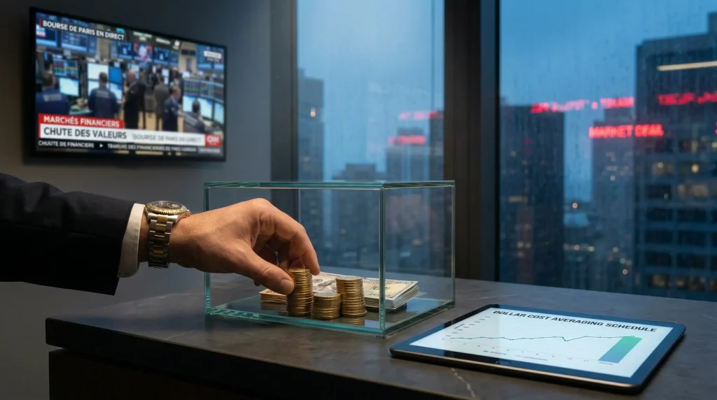 Bear Market 2026 : Le Guide Ultime pour ne pas tout perdre (et s'enrichir pendant la baisse) 4 Infographie montrant l'or, la santé et les services publics protégés par des dômes contre une pluie de flèches boursières rouges.