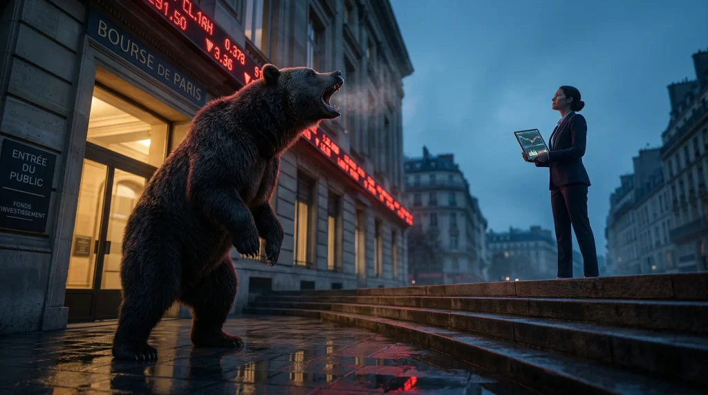 Bear Market 2026 : Le Guide Ultime pour ne pas tout perdre (et s'enrichir pendant la baisse) 1 Femme investisseur sereine face à un ours rugissant devant le palais Brongniart à Paris, symbole du marché baissier 2026.