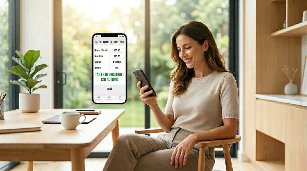 Maรฎtriser l'Ordre Stop Loss : Protรฉgez votre Capital en Bourse 4 Femme utilisant un calculateur de stop loss sur smartphone pour dรฉterminer la taille de sa position et gรฉrer son risque en bourse.