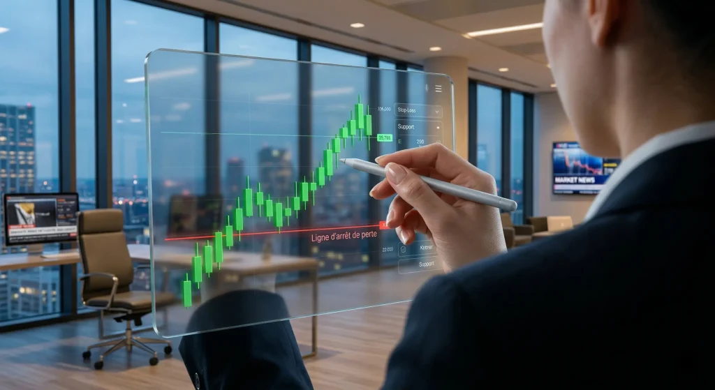 Maรฎtriser l'Ordre Stop Loss : Protรฉgez votre Capital en Bourse 1 Analyse technique sur graphique en chandeliers montrant le placement d'un ordre stop loss (ligne d'arrรชt de perte) sous un support graphique.