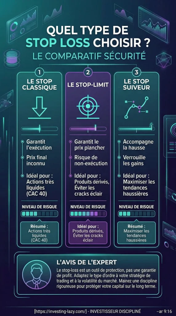 Maรฎtriser l'Ordre Stop Loss : Protรฉgez votre Capital en Bourse 3 Infographie comparative des diffรฉrents types d'ordres de protection : ordre stop classique, stop-limit et stop suiveur pour l'investissement.