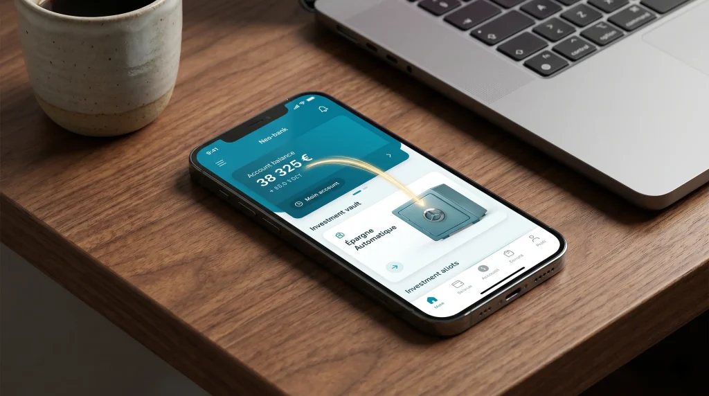 Comment Économiser de l'Argent en 2026 : Le Guide Complet 3 Smartphone affichant une application de néo-banque avec un virement automatique vers un coffre-fort d'investissement.