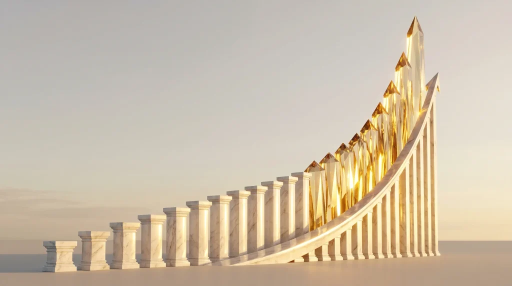 Comment Économiser de l'Argent en 2026 : Le Guide Complet 5 Graphique architectural ascendant en marbre et cristal symbolisant l'effet boule de neige des intérêts composés.