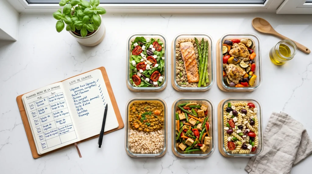 Comment Économiser de l'Argent en 2026 : Le Guide Complet 4 Organisation de repas hebdomadaires (meal prep) dans des contenants en verre avec carnet de planification de courses.