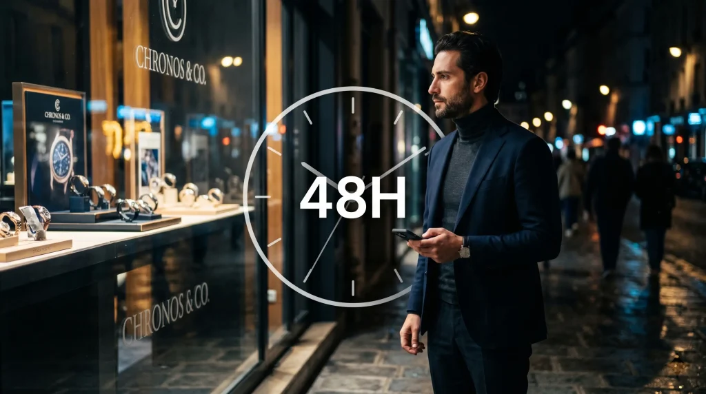 Comment Économiser de l'Argent en 2026 : Le Guide Complet 2 Homme devant une vitrine de montres de luxe avec un chronomètre 48h illustrant la maîtrise de l'achat impulsif.