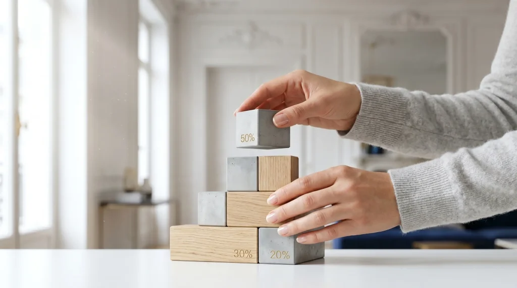Comment Économiser de l'Argent en 2026 : Le Guide Complet 1 Mains empilant des blocs de bois et de béton marqués 50%, 30% et 20% pour construire un budget solide.