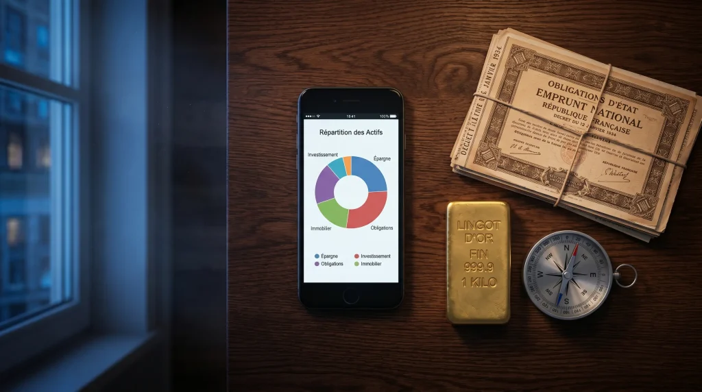 Le Guide Ultime du Portefeuille All Weather de Ray Dalio : Stratรฉgie, Performances et Implรฉmentation en France 4 Composition montrant un lingot d'or, des obligations d'รtat et un smartphone avec un graphique de gestion de patrimoine.