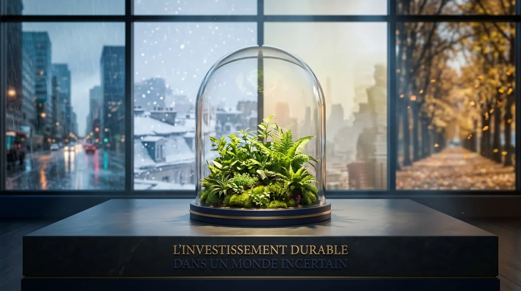 Le Guide Ultime du Portefeuille All Weather de Ray Dalio : Stratรฉgie, Performances et Implรฉmentation en France 1 Jardin protรฉgรฉ sous un dรดme de verre traversant la neige, la pluie et le soleil, mรฉtaphore du portefeuille all weather.