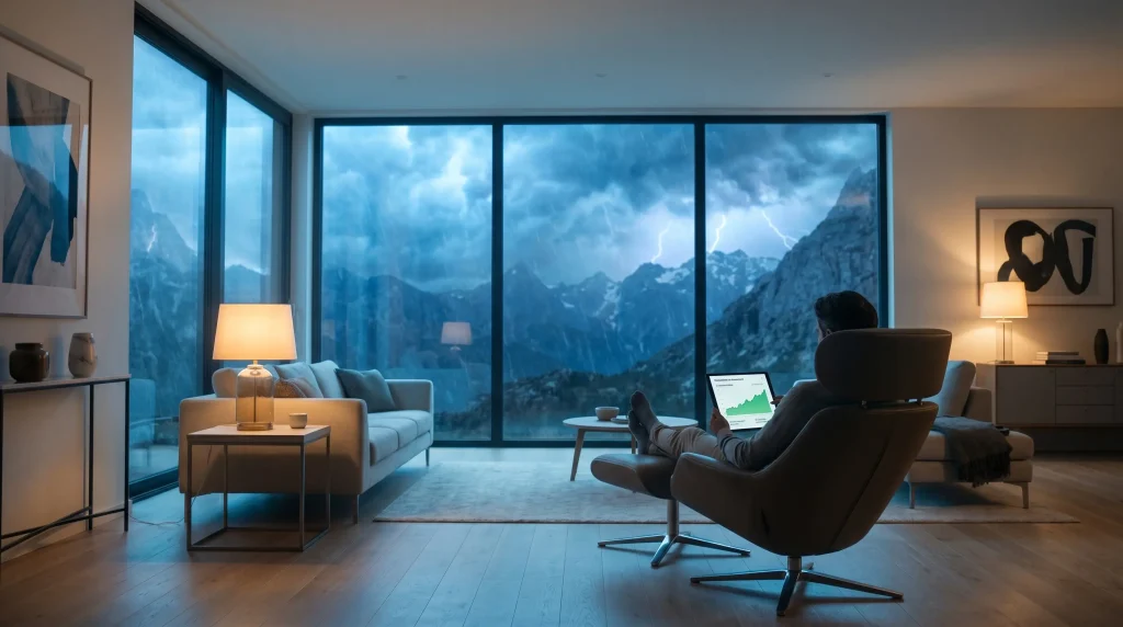 Le Guide Ultime du Portefeuille All Weather de Ray Dalio : Stratรฉgie, Performances et Implรฉmentation en France 11 Homme serein consultant son portefeuille sur tablette dans un salon moderne pendant qu'un orage รฉclate ร l'extรฉrieur.