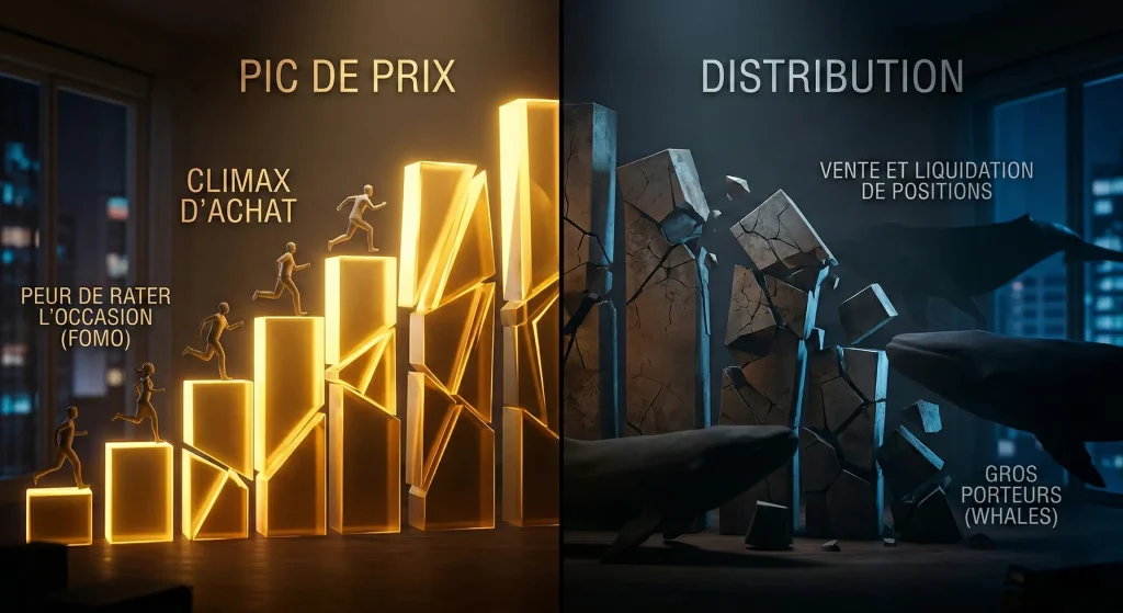 Méthode Wyckoff 2026 : Le Guide Complet pour Anticiper les Cycles de Marché (Accumulation & Distribution) 2 Comparaison entre la peur de rater l'occasion (FOMO) des particuliers et la distribution des baleines (Whales) au pic de prix selon Wyckoff