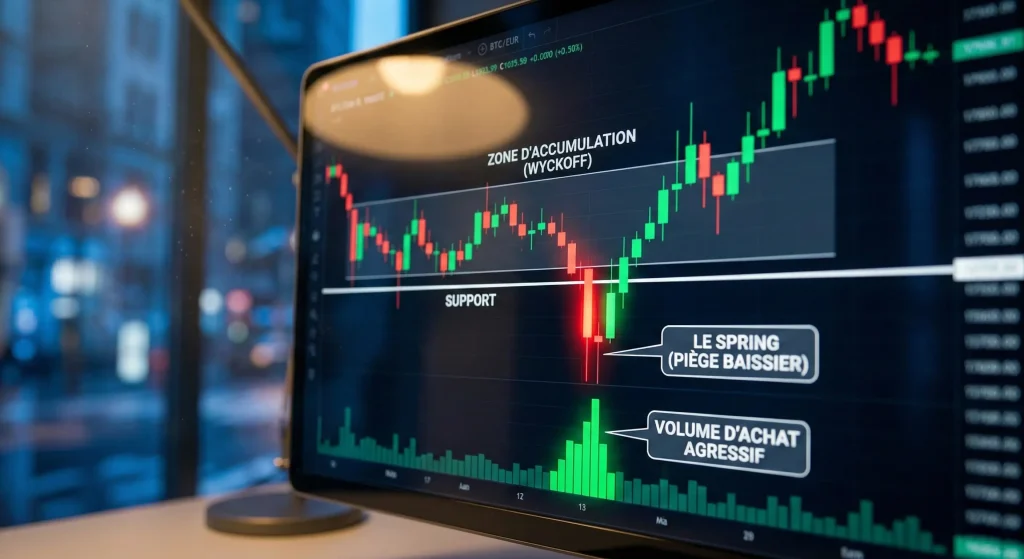 Méthode Wyckoff 2026 : Le Guide Complet pour Anticiper les Cycles de Marché (Accumulation & Distribution) 4 Analyse technique d'une zone d'accumulation Wyckoff sur graphique boursier avec identification du Spring (piège baissier) et du volume d'achat agressif