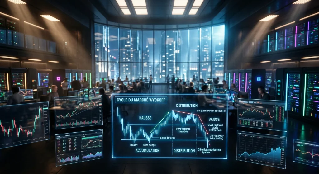 Méthode Wyckoff 2026 : Le Guide Complet pour Anticiper les Cycles de Marché (Accumulation & Distribution) 5 Schéma complet du cycle de marché Wyckoff montrant les phases d'accumulation, hausse, distribution et baisse dans une salle de trading futuriste