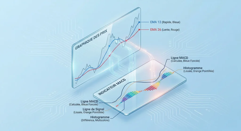 Guide Complet du MACD : Maîtriser l’Indicateur Clé du Momentum et de la Tendance 1 Illustration isométrique pédagogique des composants du MACD : EMA 12, EMA 26, Ligne de Signal et Histogramme.