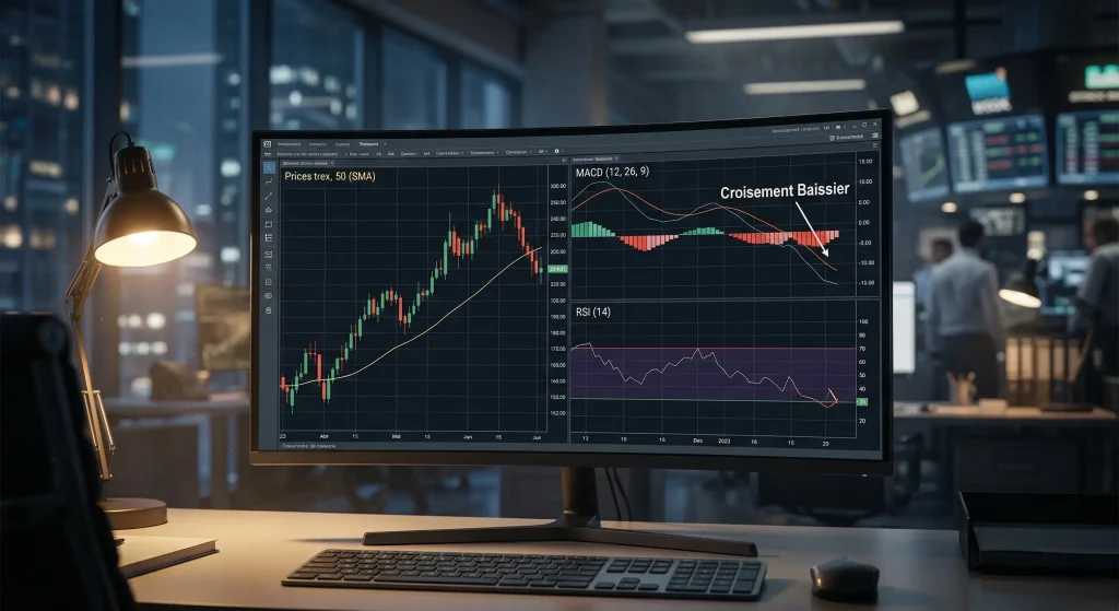 Guide Complet du MACD : Maîtriser l’Indicateur Clé du Momentum et de la Tendance 4 Interface de trading montrant une synergie d'indicateurs : signal de vente MACD confirmé par le RSI.