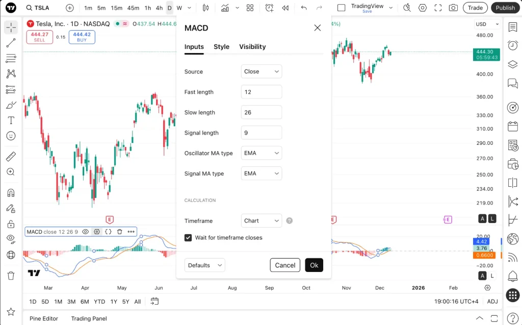 Guide Complet du MACD : Maîtriser l’Indicateur Clé du Momentum et de la Tendance 5 Fenêtre de configuration des paramètres MACD sur TradingView avec les réglages standards 12, 26 et 9.