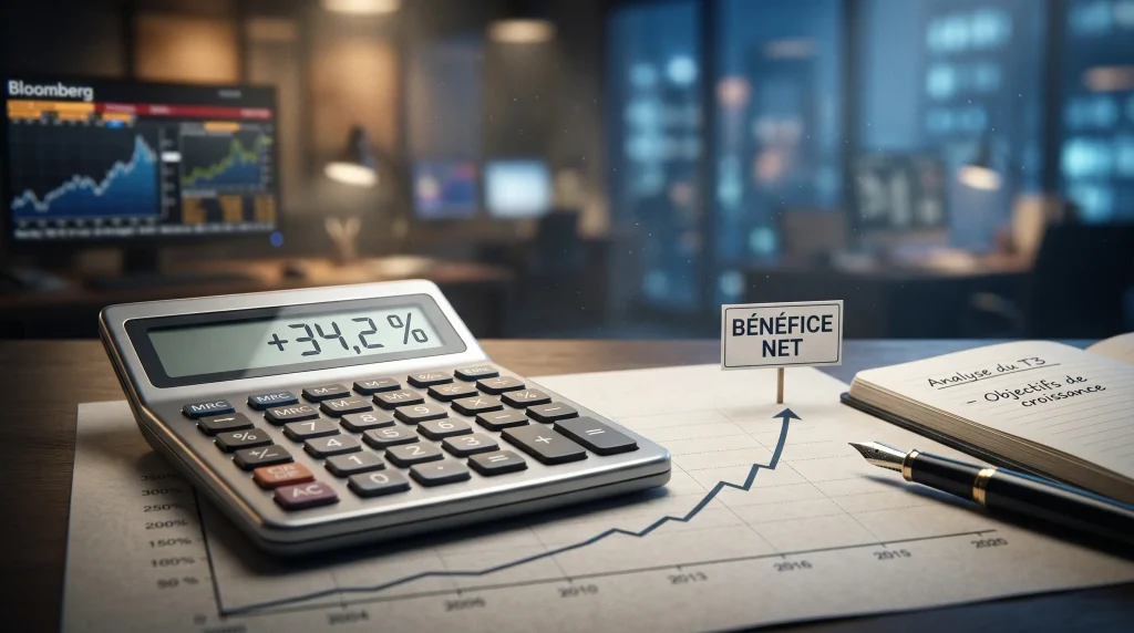 ROI : Le Guide Ultime 2026 pour Maรฎtriser votre Retour sur Investissement 4 Calculatrice de bureau affichant 34,2% ร cรดtรฉ d'un graphique de croissance et de la mention Bรฉnรฉfice Net.