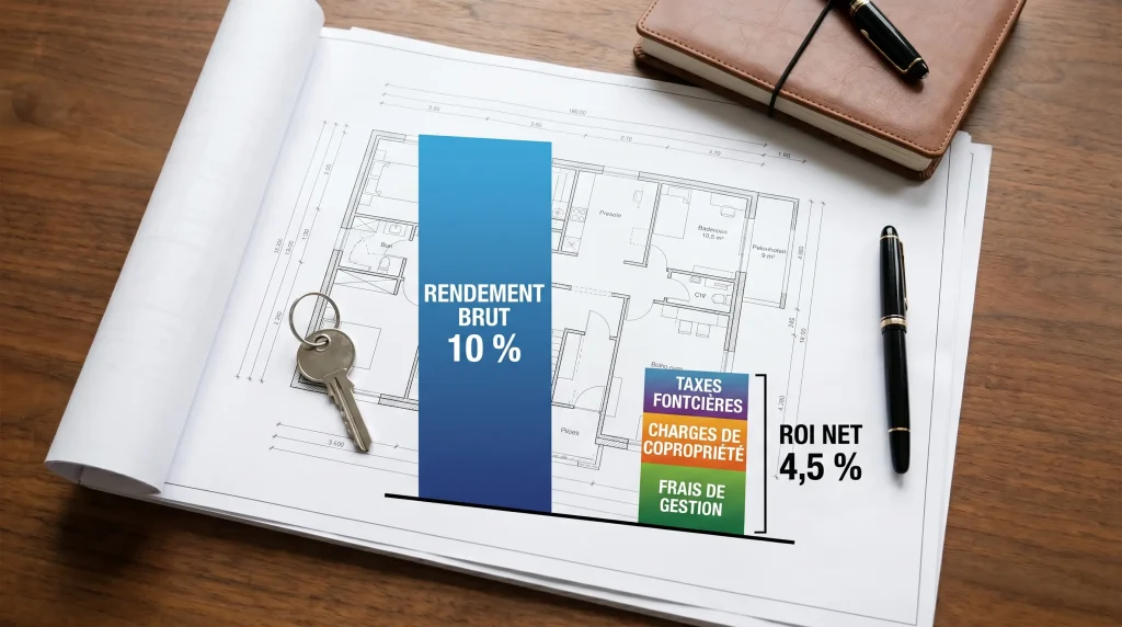 ROI : Le Guide Ultime 2026 pour Maรฎtriser votre Retour sur Investissement 3 Graphique sur plan d'architecte montrant la chute du rendement brut de 10% vers un ROI net de 4,5% aprรจs charges.